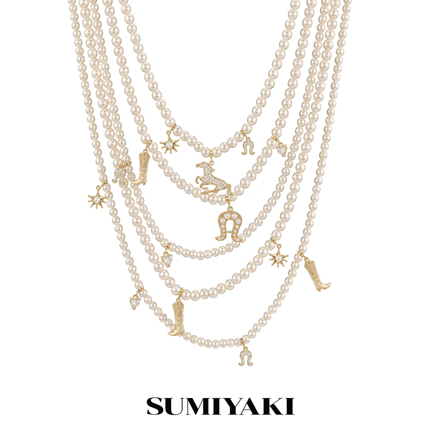 年会必入！SUMIYAKI 马年系列 爆闪小马满钻马蹄扣多层珍珠项链女