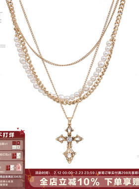 【明星同款】SUMIYAKI 美式巴洛克珍珠十字架项链高级叠带毛衣链