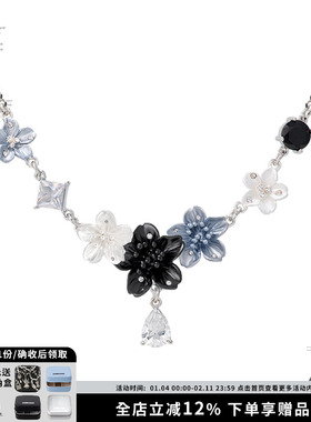 新中式立体花朵项链蓝黑色锁骨链