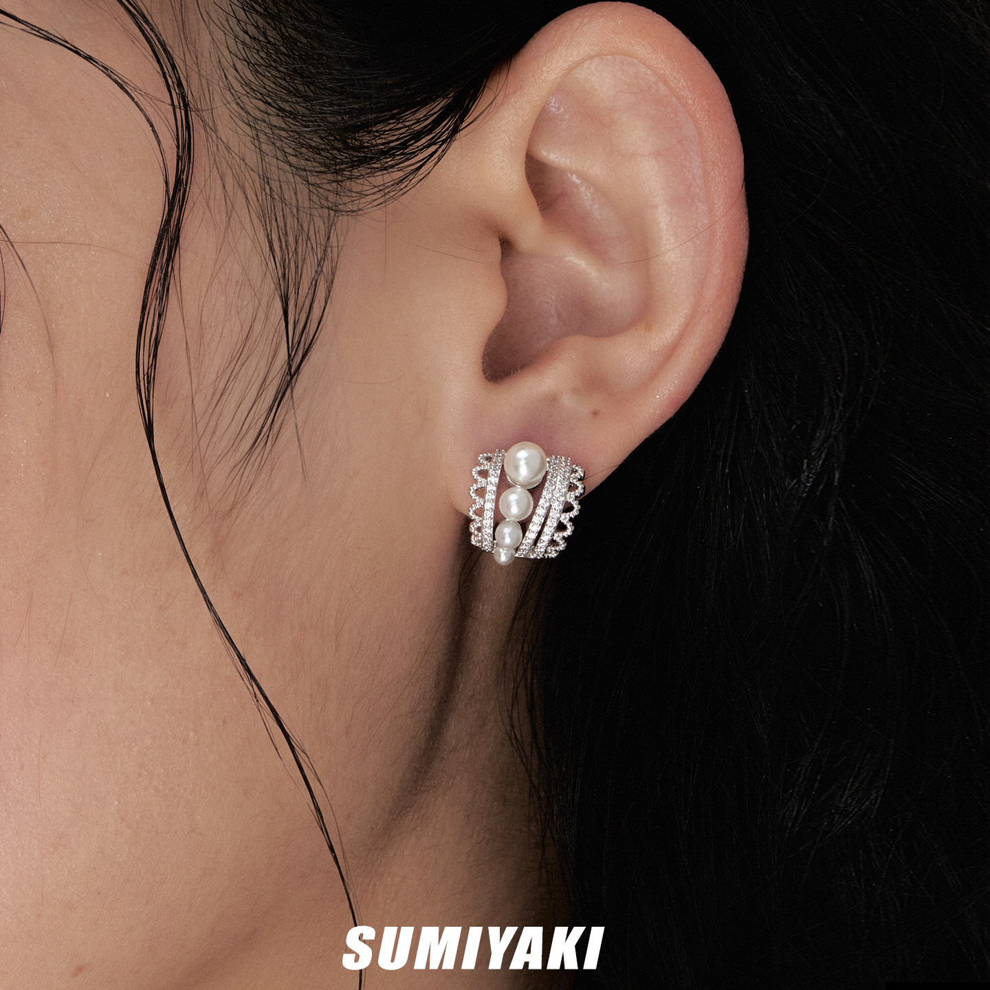 SUMIYAKI絮语系列蕾丝珍珠耳环多层小众设计感耳扣女精致