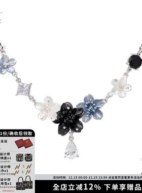 新中式立体花朵项链蓝黑色锁骨链