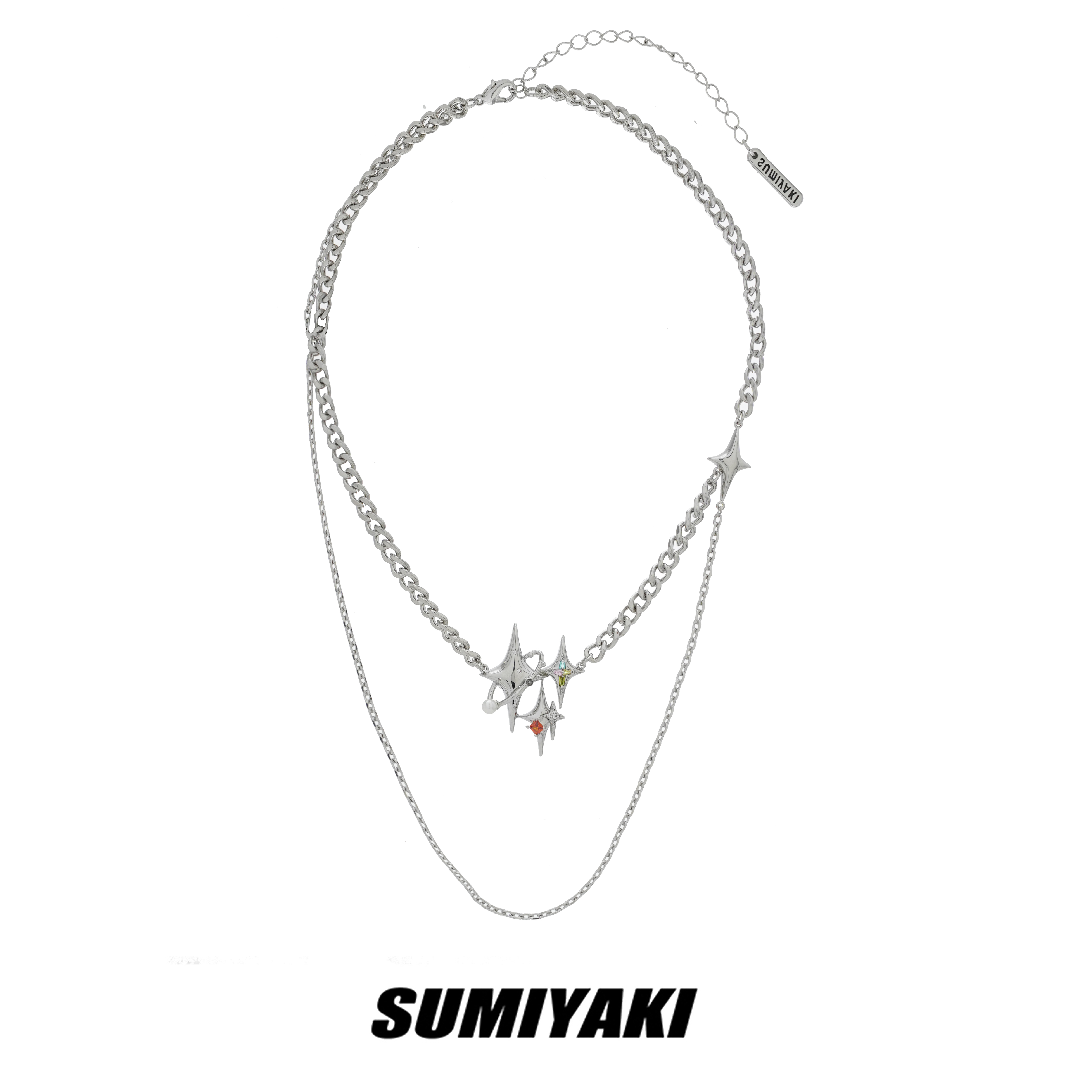 thumbnail for SUMIYAKI original triple star series stitching double-layer star sweater chain long pendant design necklace