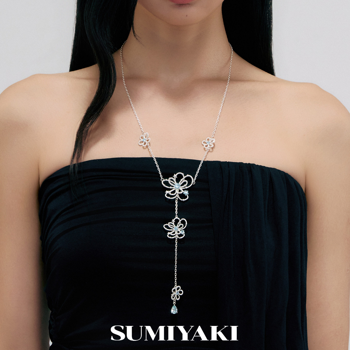 SUMIYAKI 萦结系列长款花朵Y字链水滴吊坠项链女款配饰毛衣链精致