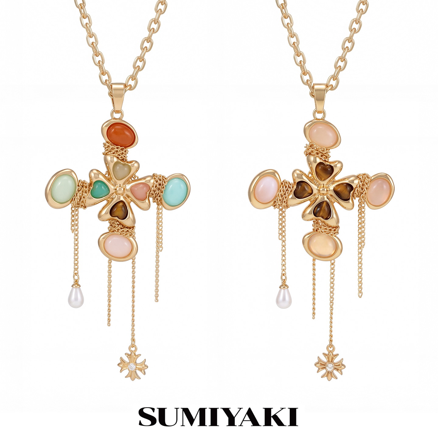 SUMIYAKI 绮梦系列彩色十字链琥珀珍珠吊坠长款项链女配饰设计感