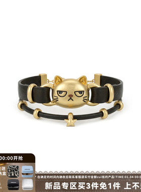 不高兴猫咪手链复古金喵皮革手环