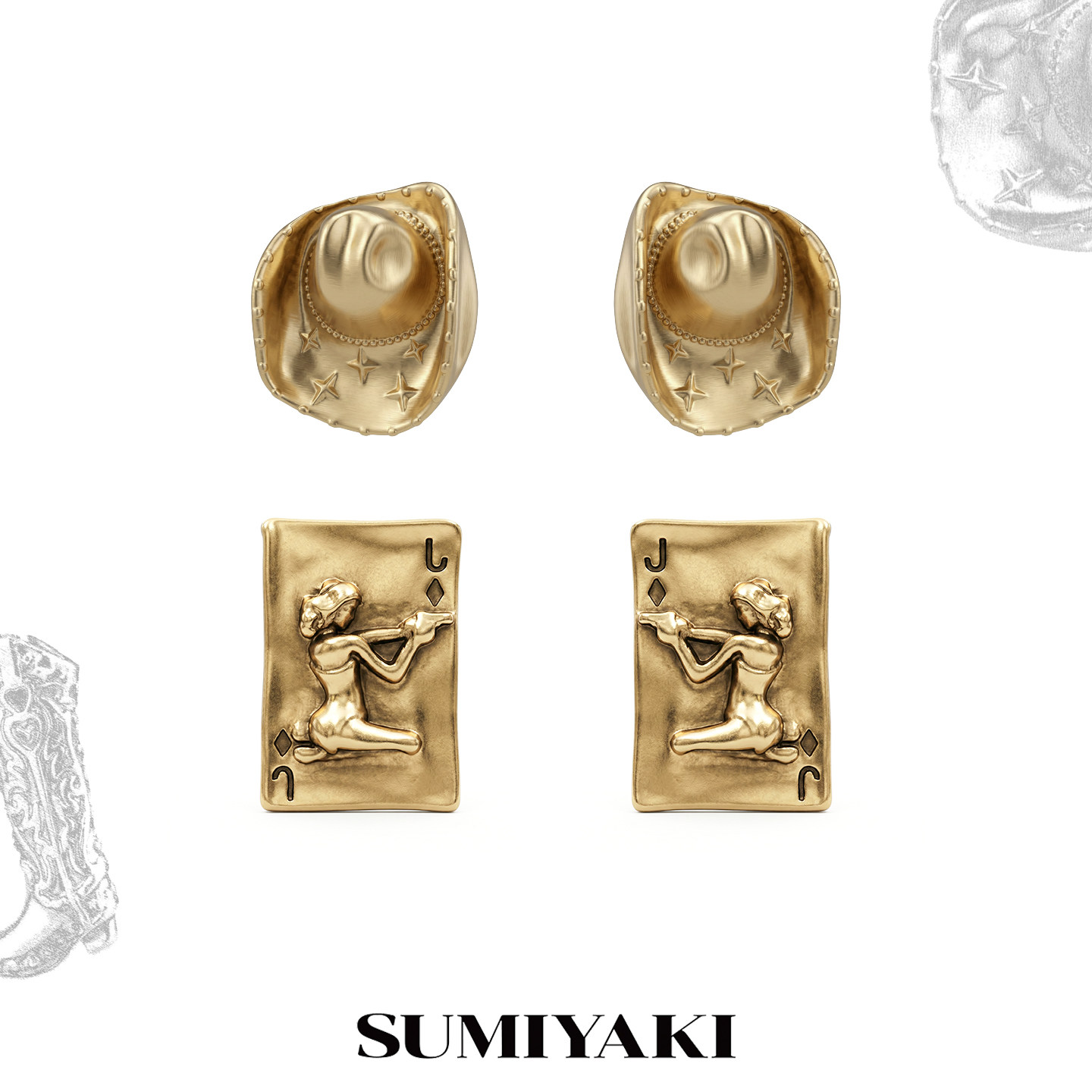 SUMIYAKI 马年系列 2026新款中古金做旧牛仔帽耳环扑克缪斯耳饰