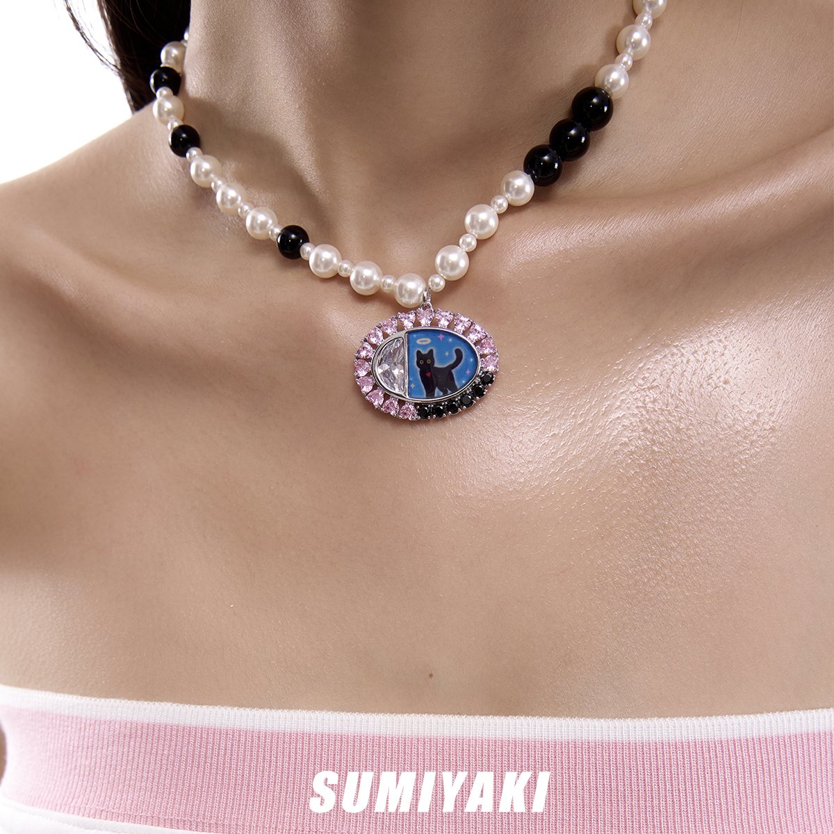 SUMIYAKI 小众设计师甜酷猫咪黑白珍珠项链