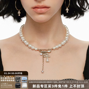 SUMIYAKI 满钻安卡珍珠十字架项链 回形针锁骨链女