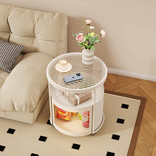 奶油风沙发边几高级感可移动圆形小推车现代简约桌子边柜床头柜