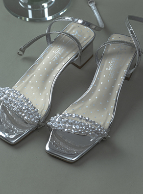 得足少女 绝美原创Y3K/仙女风可拆卸一鞋两穿一字带方头粗跟凉鞋