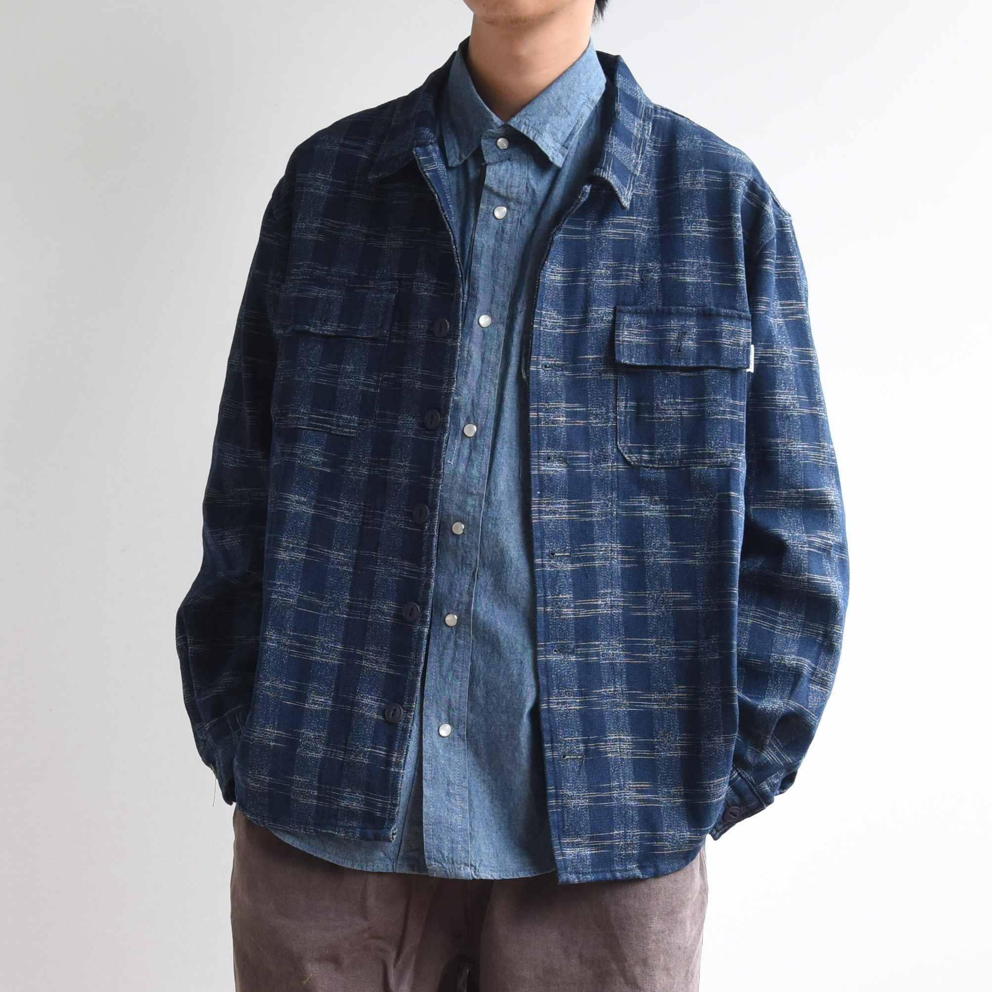 复古格子牛仔翻领夹克男潮