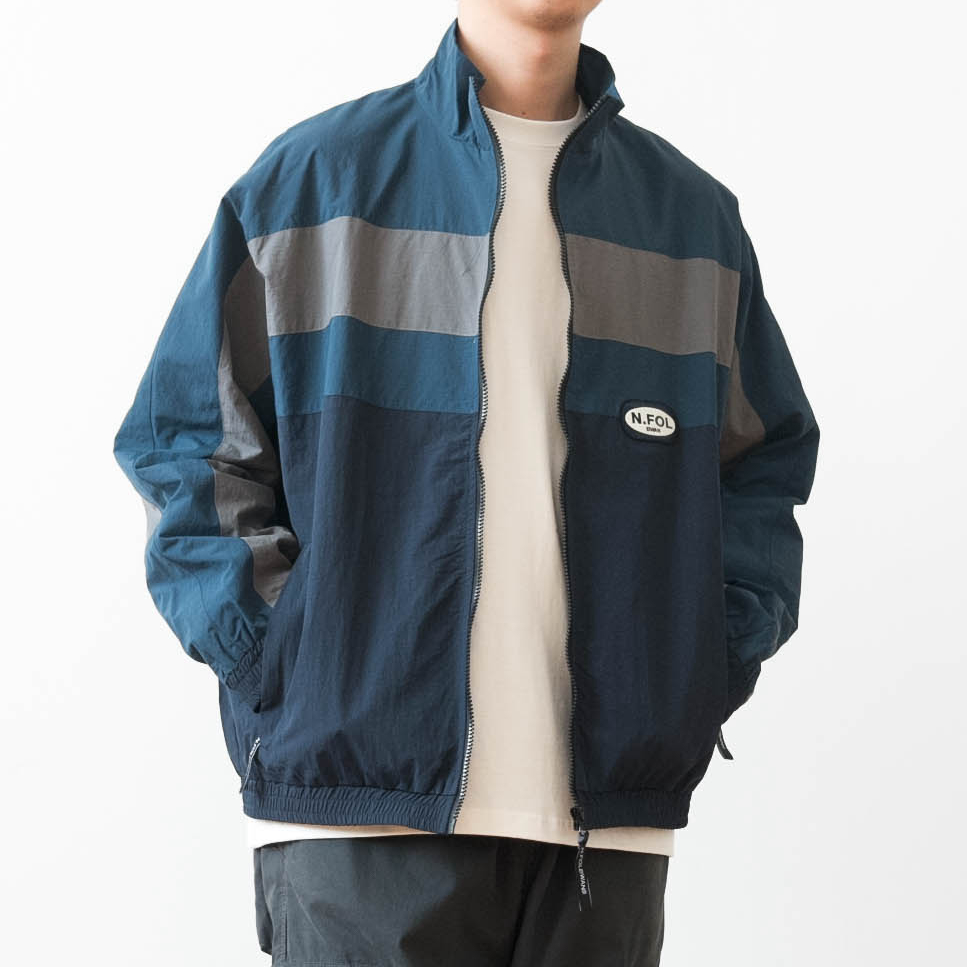 美式复古撞色拼接立领夹克