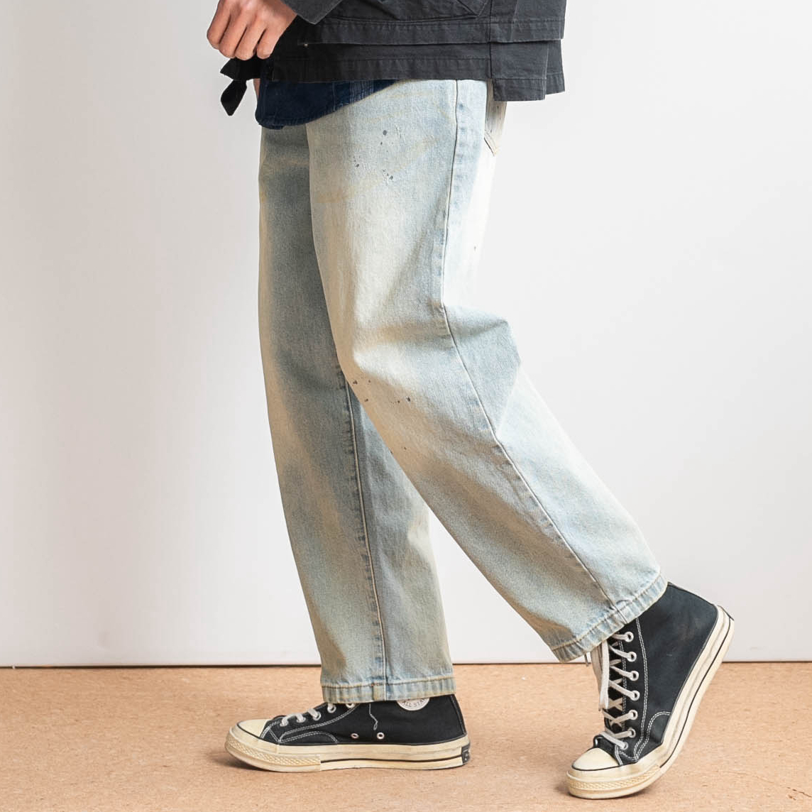 友町 2024春季 日系复古浅蓝色水洗做旧漆点宽松牛仔长裤男潮裤子