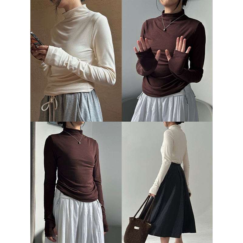 长袖半高领内搭带指套T恤单穿
