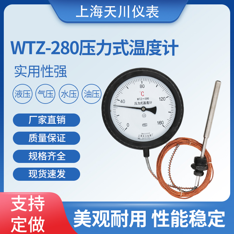 上海天川牌WTZ-280压力式温度计锅炉温度计摇测温度计