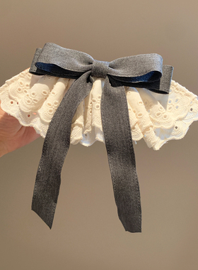 韩系灰色蝴蝶结蕾丝裙摆发夹女高级感后脑勺弹簧夹子发卡百搭头饰