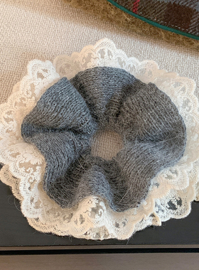 秋冬复古灰色兔毛针织蕾丝四层大肠发圈女超大丸子头马尾头绳头饰