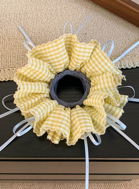 韩系中号黄色格子蝴蝶结双层大肠发圈女高级感扎头发头绳皮筋头饰