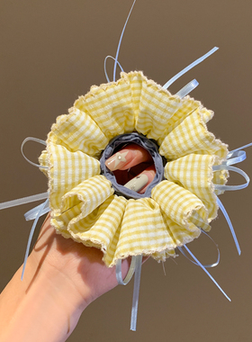 韩系简约黄色格子蝴蝶结双层大肠发圈女丸子头低马尾头绳皮筋头饰