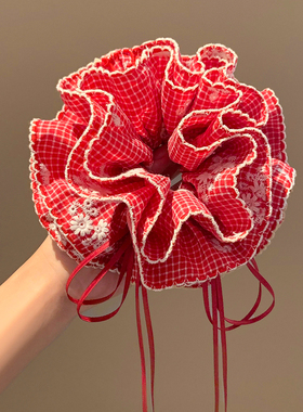 新年红色格子蝴蝶结飘带大肠发圈女韩系超大丸子头低马尾头绳头饰