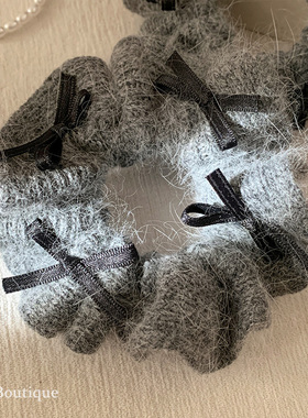 韩系复古蝴蝶结灰色兔毛大肠发圈女秋冬高级感丸子头针织头绳头饰