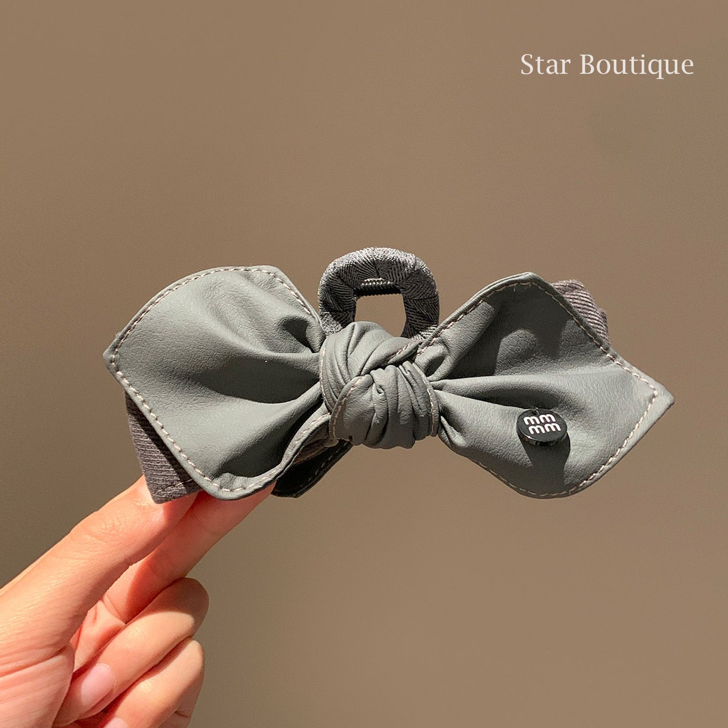 韩国灰色pu皮质蝴蝶结抓夹女大号