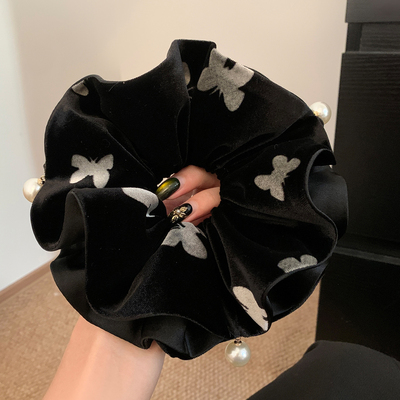 法式重工黑色丝绒蝴蝶双层发圈