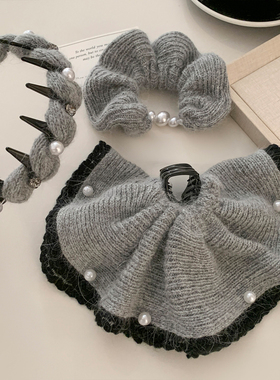 韩系复古灰色兔毛针织裙摆抓夹女秋冬气质后脑勺马尾夹子发卡头饰