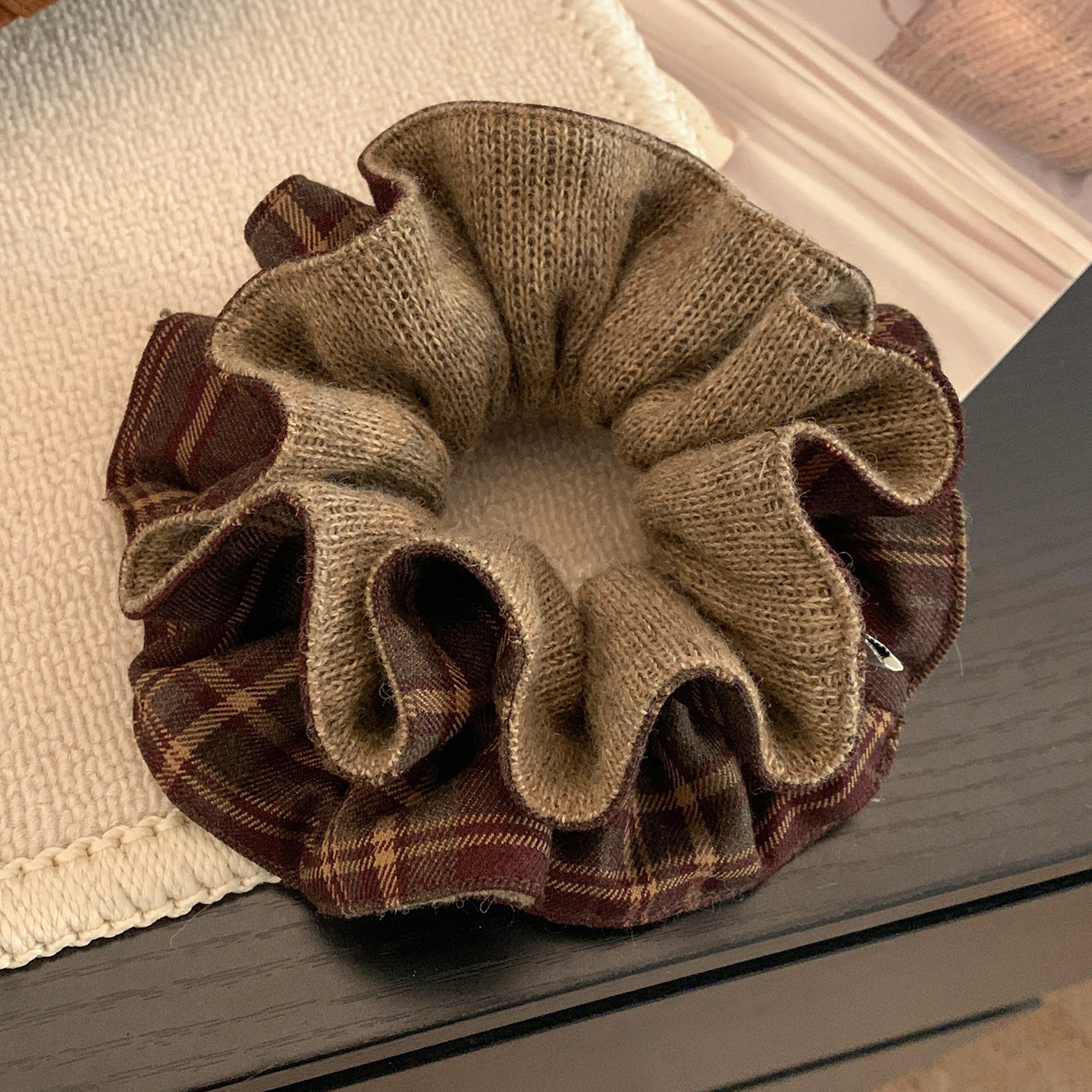 秋冬复古毛线针织格纹双层发圈