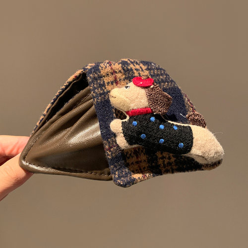 韩国卡通pu皮质格子小狗三角抓夹