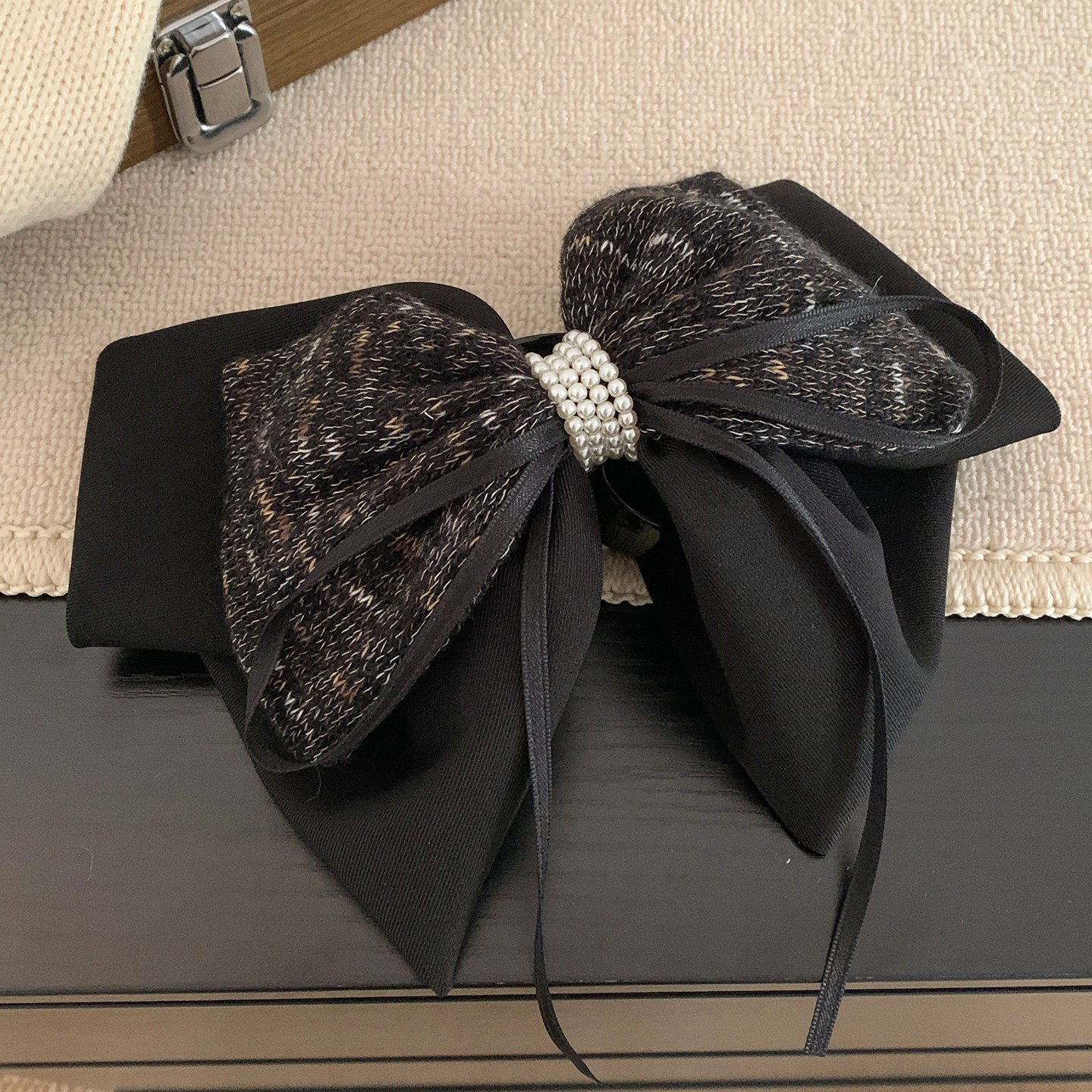 韩系秋冬黑色毛线蝴蝶结马尾抓夹