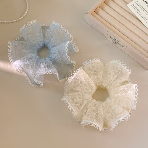清透蓝色蕾丝花边大肠发圈女夏天