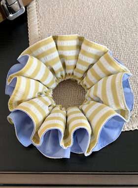 韩国蓝黄色条纹双层大肠发圈女超大丸子头马尾头绳气质百搭头饰