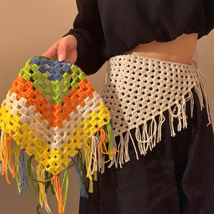 扶摇云间 波西米亚民族风彩色针织三角头巾女ins系带辣妹叠穿屁帘