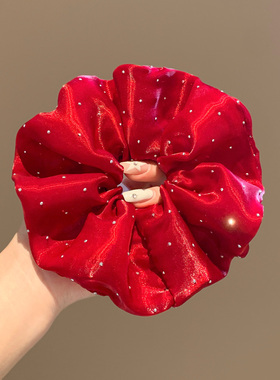 法式红色烫钻网纱大肠发圈女超大丸子头马尾头绳气质百搭皮筋头饰