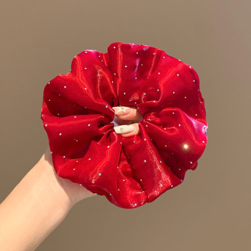 法式红色烫钻网纱大肠发圈女