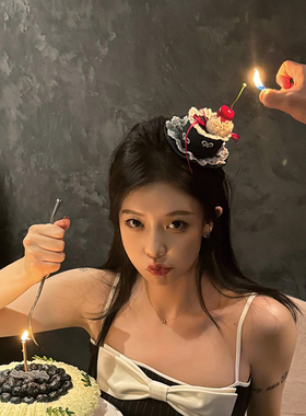 可爱蓝色蕾丝牛仔樱桃蛋糕发夹女生日拍照道具发卡氛围感绝美头饰
