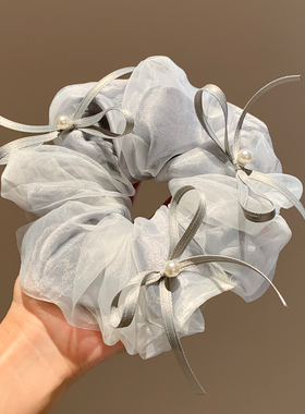 法式超仙灰色珍珠蝴蝶结网纱大肠发圈女气质超大号扎头发头绳头饰