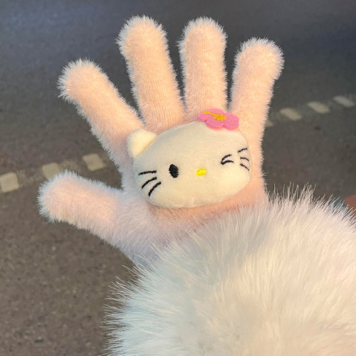 Kitty猫加厚针织毛绒五指手套