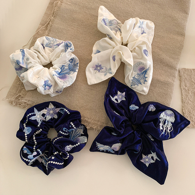 重工刺绣蓝色方巾大肠发圈女高级感海洋生物法式方形大号头绳发饰
