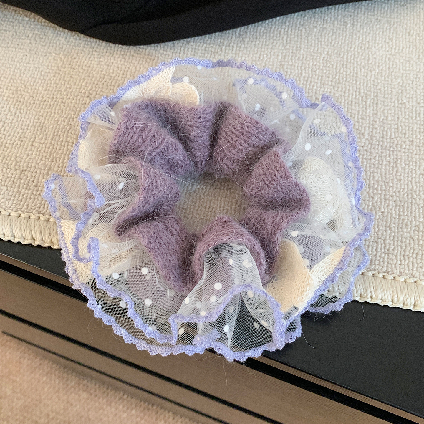 韩系超仙紫色毛线针织蕾丝发圈女