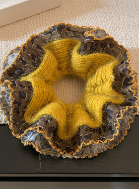 韩系黄色毛线针织双层大肠发圈女气质超大丸子头马尾头绳头饰秋冬