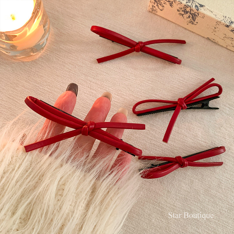 复古韩系红色pu皮质蝴蝶结发夹女高级感侧边刘海夹子圣诞新年头饰,饰品/流行首饰/时尚饰品新,发饰,淘宝优惠券,粉丝福利购,淘宝优惠卷