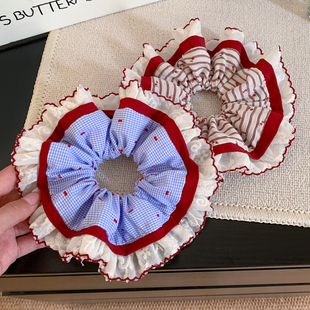 韩系红蓝色格子花边大肠发圈女气质超大丸子头扎头发头绳新年头饰