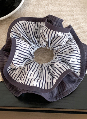 韩国东大门灰色条纹双层大肠发圈女高级感气质超大扎头发头绳头饰