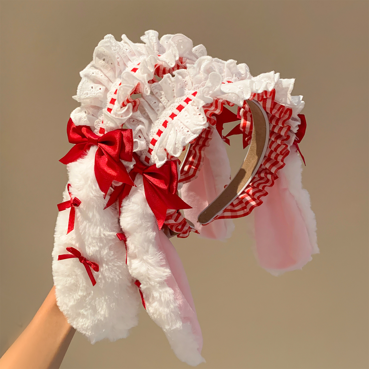 可爱红色蝴蝶结兔耳朵毛绒发箍