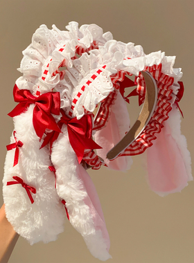 可爱红色蝴蝶结兔耳朵毛绒发箍少女cos拍照道具洛丽塔KC头箍头饰