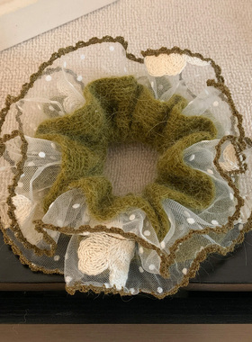 韩国秋冬绿色毛线针织蕾丝大肠发圈女超大号丸子头扎头发头绳头饰