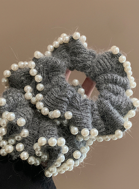 韩系灰色珍珠毛线针织大肠发圈女高级感丸子头低马尾头绳兔毛头饰