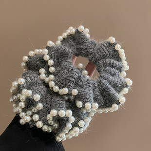 韩系灰色珍珠毛线针织大肠发圈女高级感丸子头低马尾头绳兔毛头饰